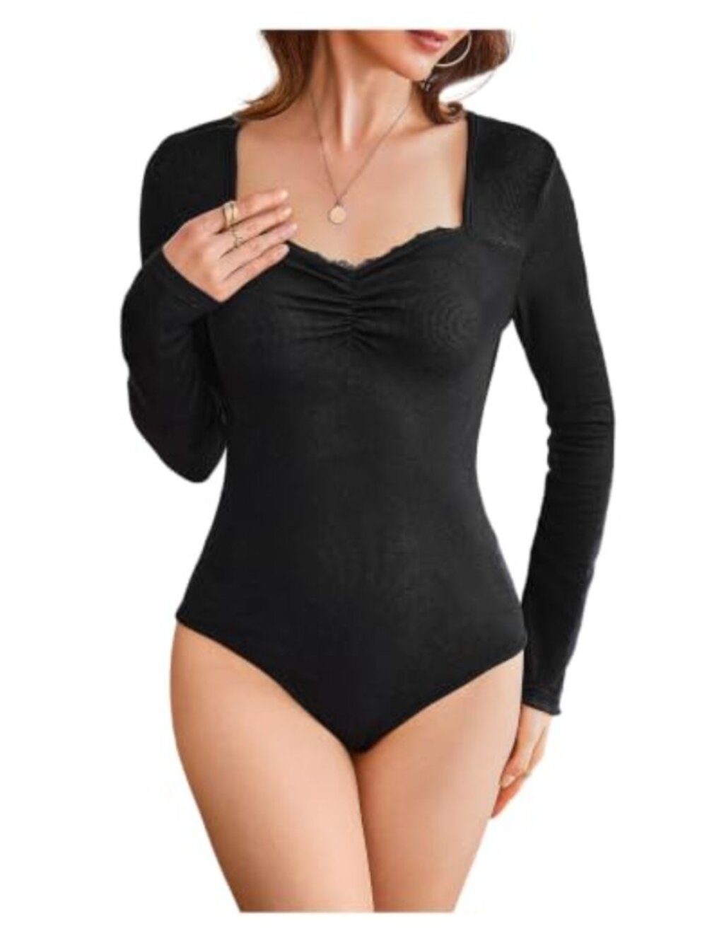 WDIRARA Sweetheart Neck Long Sleeve Bodysuit Ruched Leotard